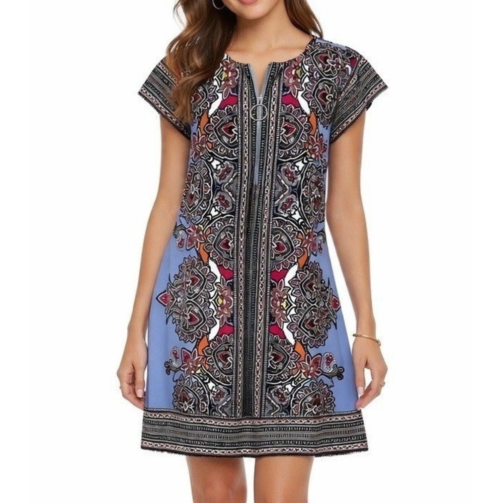 Melissa Paige Womens Dress M Blue Colorful Paisley Shift O Ring Zip Retro Boho